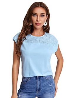 Women's Round Neck Batwing Short Sleeve T Shirt Eyelet Embroidery Solid Tee Tops
