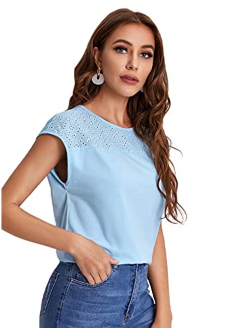 SheIn Women's Round Neck Batwing Short Sleeve T Shirt Eyelet Embroidery Solid Tee Tops
