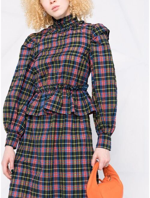 GANNI Responsible seersucker check-print midi dress