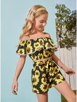 Girls Sunflower Print Top & Belted Shorts Set