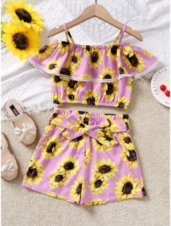 Girls Sunflower Print Top & Belted Shorts Set
