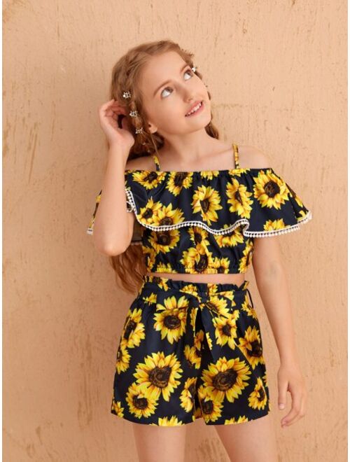 Shein Girls Sunflower Print Top & Belted Shorts Set