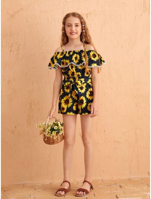 Shein Girls Sunflower Print Top & Belted Shorts Set