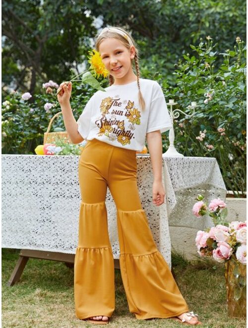SHEIN Girls Slogan & Floral Print Drop Shoulder Tee & Flare Leg Pants