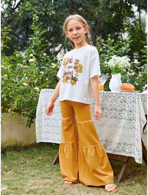 SHEIN Girls Slogan & Floral Print Drop Shoulder Tee & Flare Leg Pants