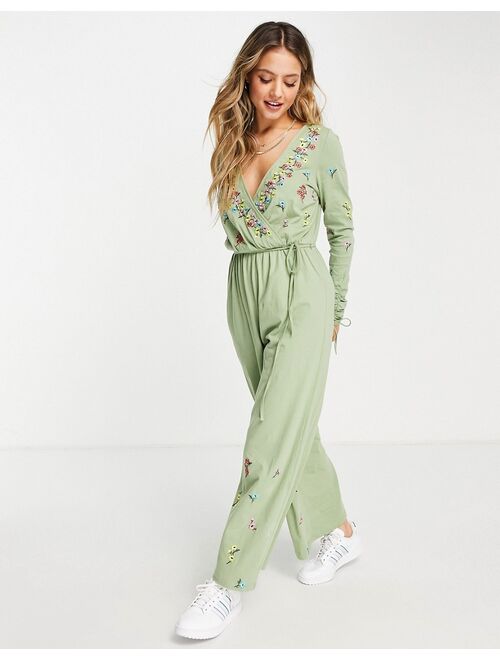 ASOS DESIGN wrap ruched sleeve embroidered jumpsuit in washed khaki