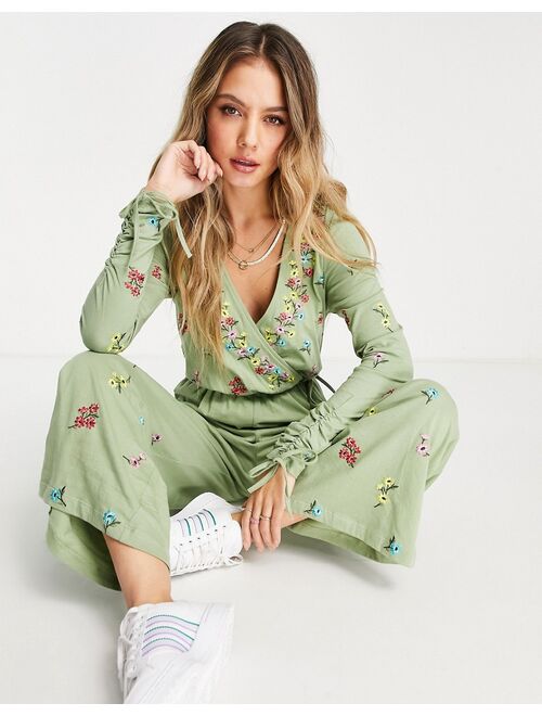 ASOS DESIGN wrap ruched sleeve embroidered jumpsuit in washed khaki