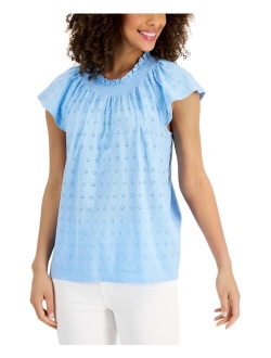 Cotton Flutter-Sleeve Eyelet Top, Created for Macy's