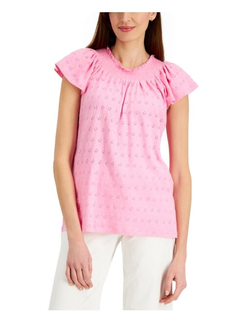 Charter Club Cotton Flutter-Sleeve Eyelet Top, Created for Macy's
