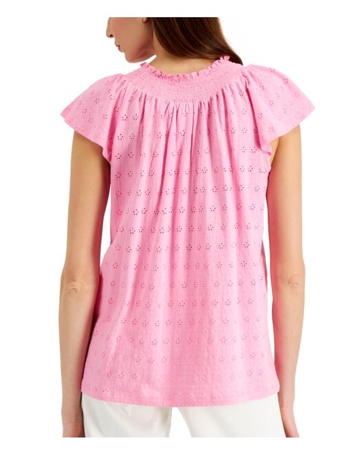 Charter Club Cotton Flutter-Sleeve Eyelet Top, Created for Macy's
