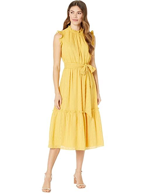 Maggy London Clip Dot Elastic Waist Dress with Ruffle Neck and Sleeves