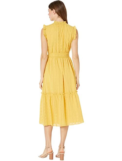 Maggy London Clip Dot Elastic Waist Dress with Ruffle Neck and Sleeves