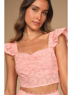 Time for Sunshine Coral Pink Eyelet Lace Ruffled Crop Top