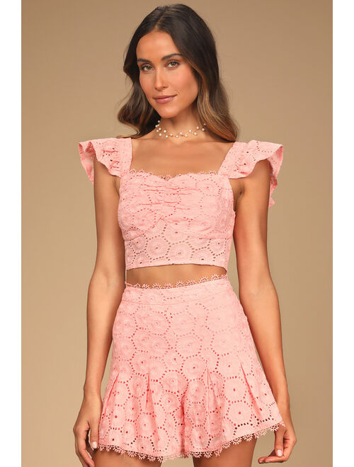 Lulus Time for Sunshine Coral Pink Eyelet Lace Ruffled Crop Top