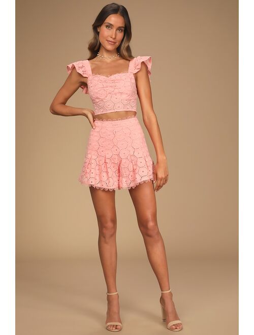 Lulus Time for Sunshine Coral Pink Eyelet Lace Ruffled Crop Top