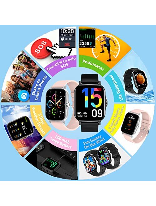 Amszke Waterproof Fitness Watches with SOS Blood Pressure Oxygen Heart Rate Slep Monitor, SmartWatch for Women Men