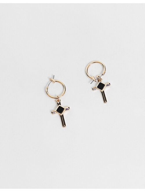 ASOS DESIGN hoop earrings with crosses in gold tone and black gems