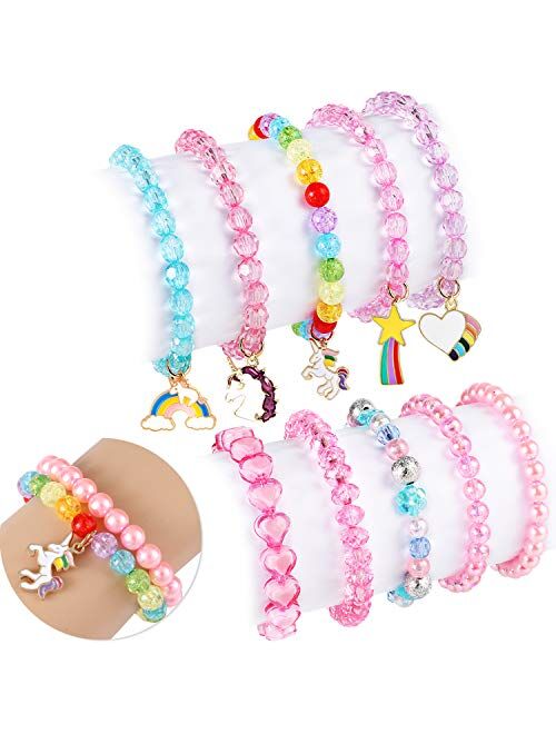 G.C 10 PCS Girls Kids Rainbow Beaded Bracelet with Cute Unicorn Rainbow Heart Star Pendant Stretchy Costume Jewelry Set Gift Play Party Favors Present Friendship Jewelry 
