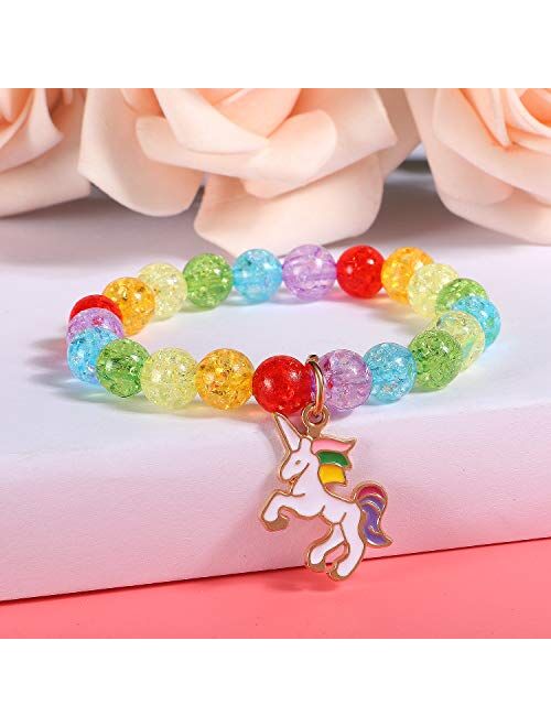 G.C 10 PCS Girls Kids Rainbow Beaded Bracelet with Cute Unicorn Rainbow Heart Star Pendant Stretchy Costume Jewelry Set Gift Play Party Favors Present Friendship Jewelry 