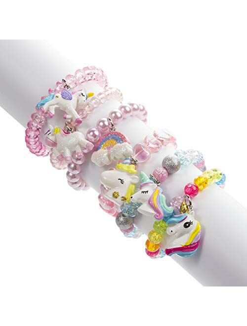 Wingchold Set of 6 Unicorn Rainbow Bracelets, Little Girl Animal Bracelets, Teens Kids Unicorn Pendant Beaded Bracelet Girl Party Favor Pretend Play Bracelet