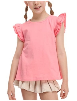 Flypigs Girls T Shirts Ruffle Shrit Plain Blank Tank Tops Short Sleeve Cotton Tshirts Basic Blouse 3T-10Years