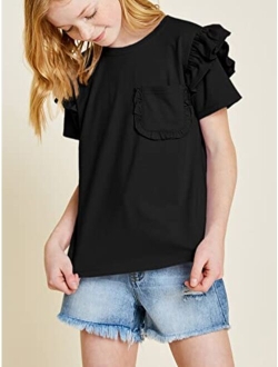 Kingdenergy Girls Short Ruffles Sleeve Shirts Tops Cute T Shirt Casual Plain Tees Summer Clothes with Pocket