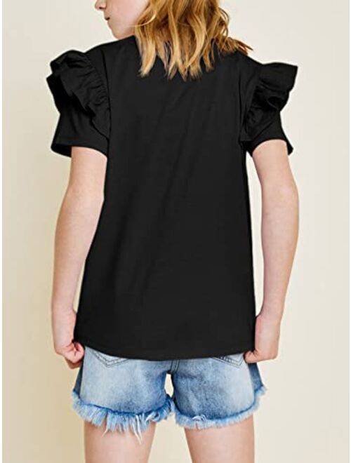 Kingdenergy Girls Short Ruffles Sleeve Shirts Tops Cute T Shirt Casual Plain Tees Summer Clothes with Pocket