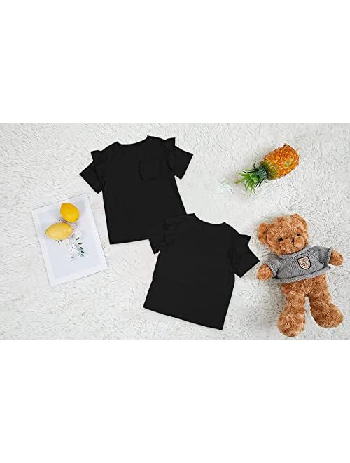 Kingdenergy Girls Short Ruffles Sleeve Shirts Tops Cute T Shirt Casual Plain Tees Summer Clothes with Pocket