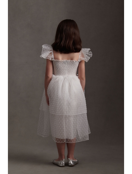 Delfi Elsa White Square Neck Smocked Flutter Sleeve Dress