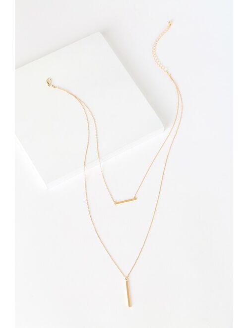 Lulus Bring You Cheer Gold Layered Bar Charm Necklace