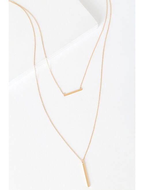 Lulus Bring You Cheer Gold Layered Bar Charm Necklace