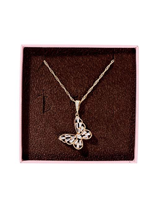Falugin 14k Gold Plated Necklace for Women Girls Butterfly Angel Star Tree Love Heart Circle Shell Shape Pendant inlaid Cubic Zirconia