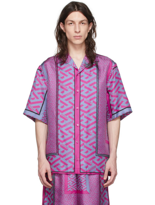 Versace Pink 'La Greca' Geometric Printed Button Up Shirt