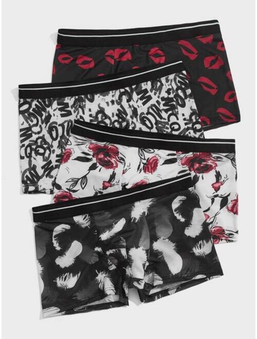 Shein Men 4pcs Floral And Lip Print Boxer Brief