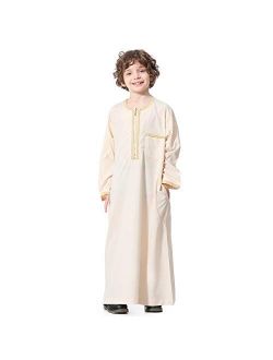 XINNI Arabic Thobe Muslim Thobe Long Sleeve Kaftan Crew Collar Robe with Zipper for Boy