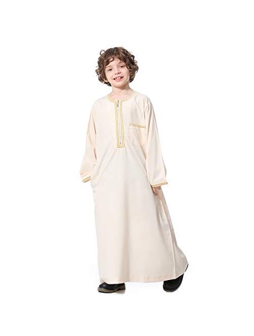 XINNI Arabic Thobe Muslim Thobe Long Sleeve Kaftan Crew Collar Robe with Zipper for Boy
