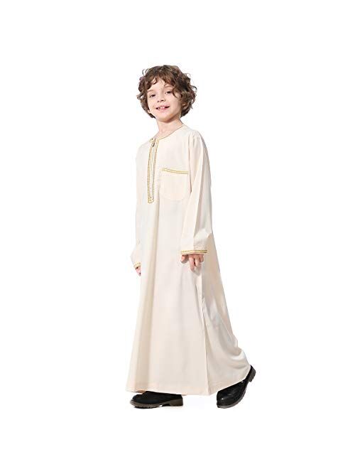 XINNI Arabic Thobe Muslim Thobe Long Sleeve Kaftan Crew Collar Robe with Zipper for Boy