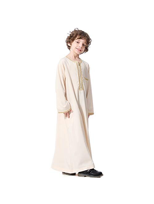 XINNI Arabic Thobe Muslim Thobe Long Sleeve Kaftan Crew Collar Robe with Zipper for Boy