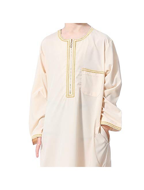 XINNI Arabic Thobe Muslim Thobe Long Sleeve Kaftan Crew Collar Robe with Zipper for Boy