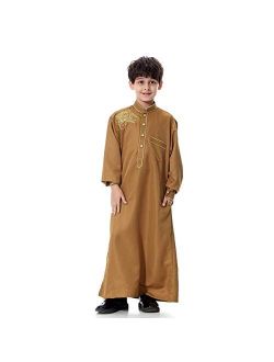 XINNI Arabic Thobe Muslim Thobe Kaftan Stand Collar Robe with Botton for Boy