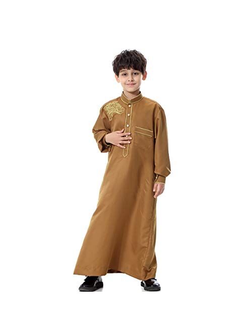 XINNI Arabic Thobe Muslim Thobe Kaftan Stand Collar Robe with Botton for Boy