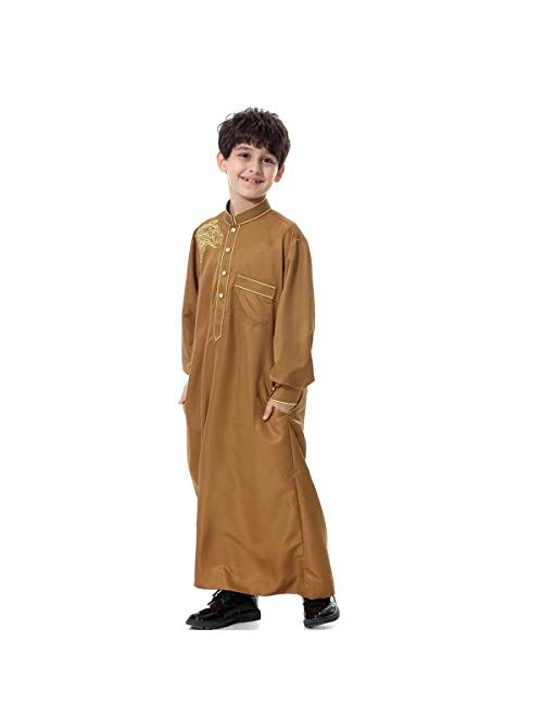 XINNI Arabic Thobe Muslim Thobe Kaftan Stand Collar Robe with Botton for Boy
