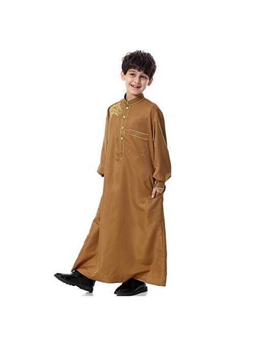 XINNI Arabic Thobe Muslim Thobe Kaftan Stand Collar Robe with Botton for Boy