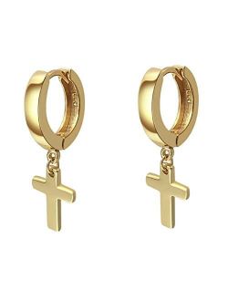 Tsv Jewelers Mens Solid Gold Plated Sterling Silver Cross Dangle Hoop Huggie Earrings Rc4