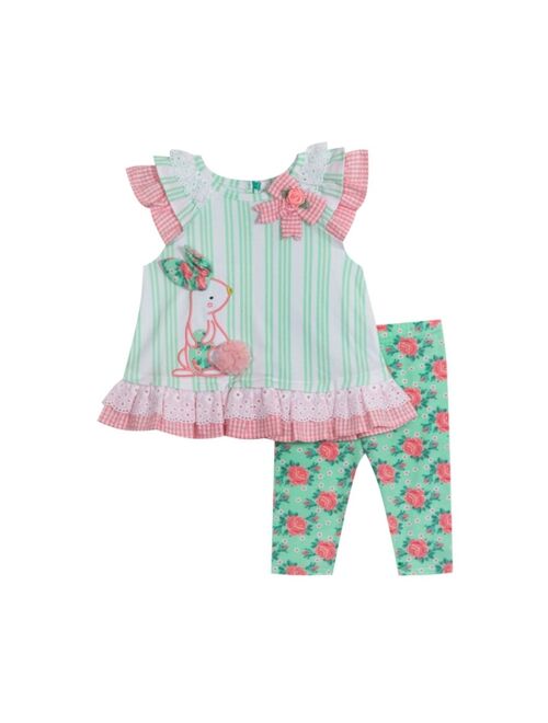 Rare Editions Baby Girls Capri with Stripe Top and Bunny Applique with Floral Pant Legging Set, 2 Piece