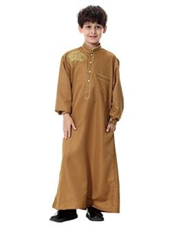 GladThink Boy's Muslim Embroidery Thobe Long Sleeves Mandarin Neck