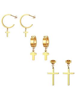 Golden George 3-6 Pairs Cross Dangle Hinged Hoop Earrings for Men and Women Gold Stainless Steel Punk Hip-hop Ear Piercing Earrings, Hypoallergenic