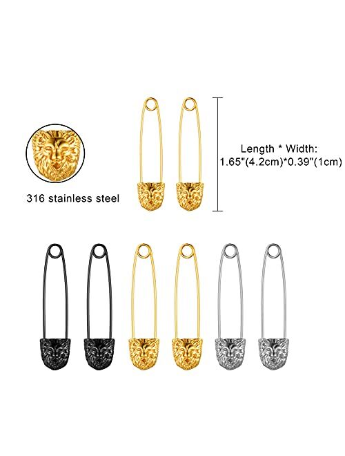 Oidea Safety Pin Cartilage Stainless Steel Spike Hoop Earrings Lion Stud Earrings for Men Women, Hip hop Style Statement Jewelry, Hypoallergenic, Silver, Gold, Black, 42m