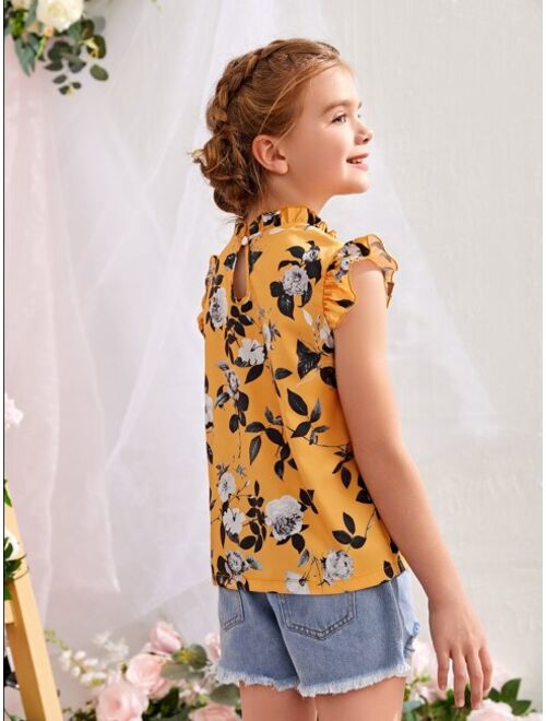 Shein Girls Floral Print Flutter Sleeve Frilled Neck Blouse