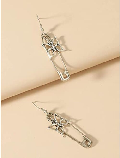 Shower Set Hoop Earrings Butterfly & Safety Pin Charm Drop Earrings (Color : Silver)